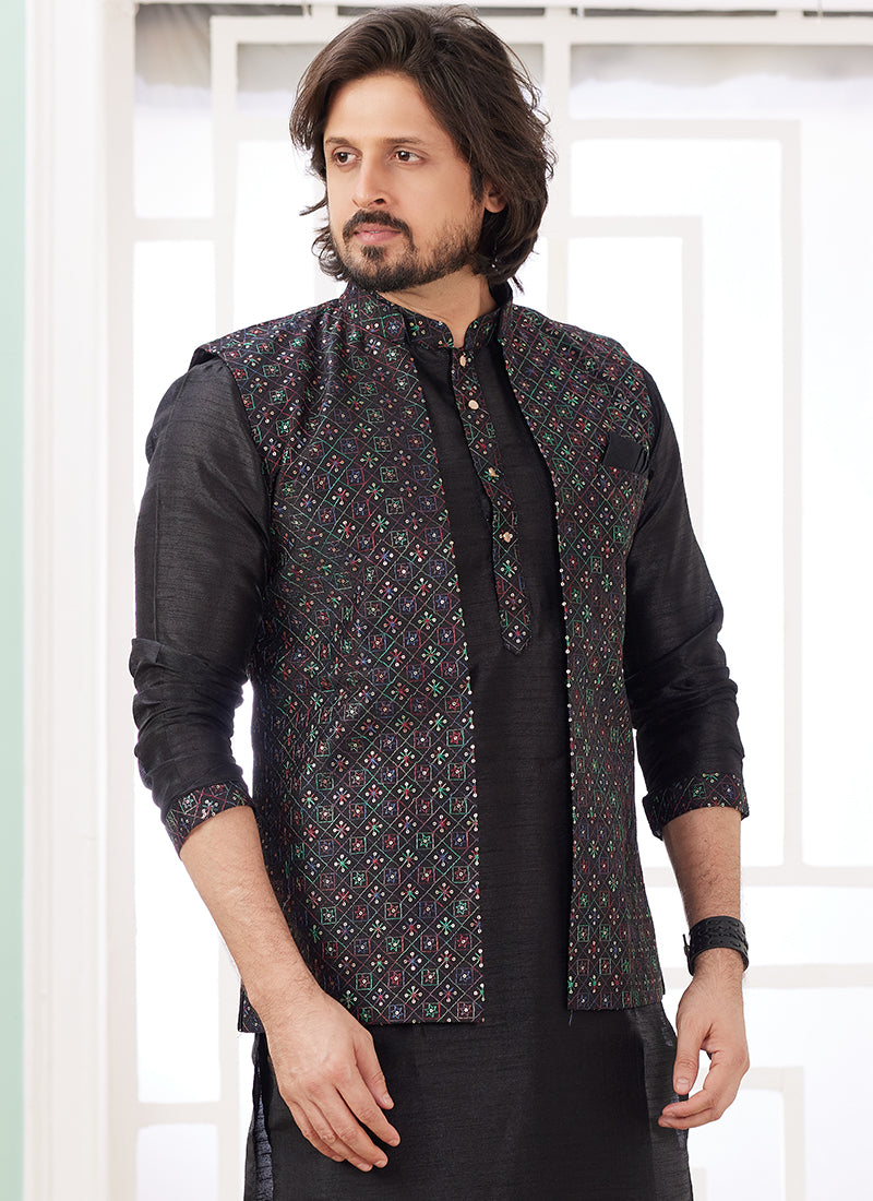 Art Silk Black Wedding Wear Plain Readymade Kurta Pajama With Jacket