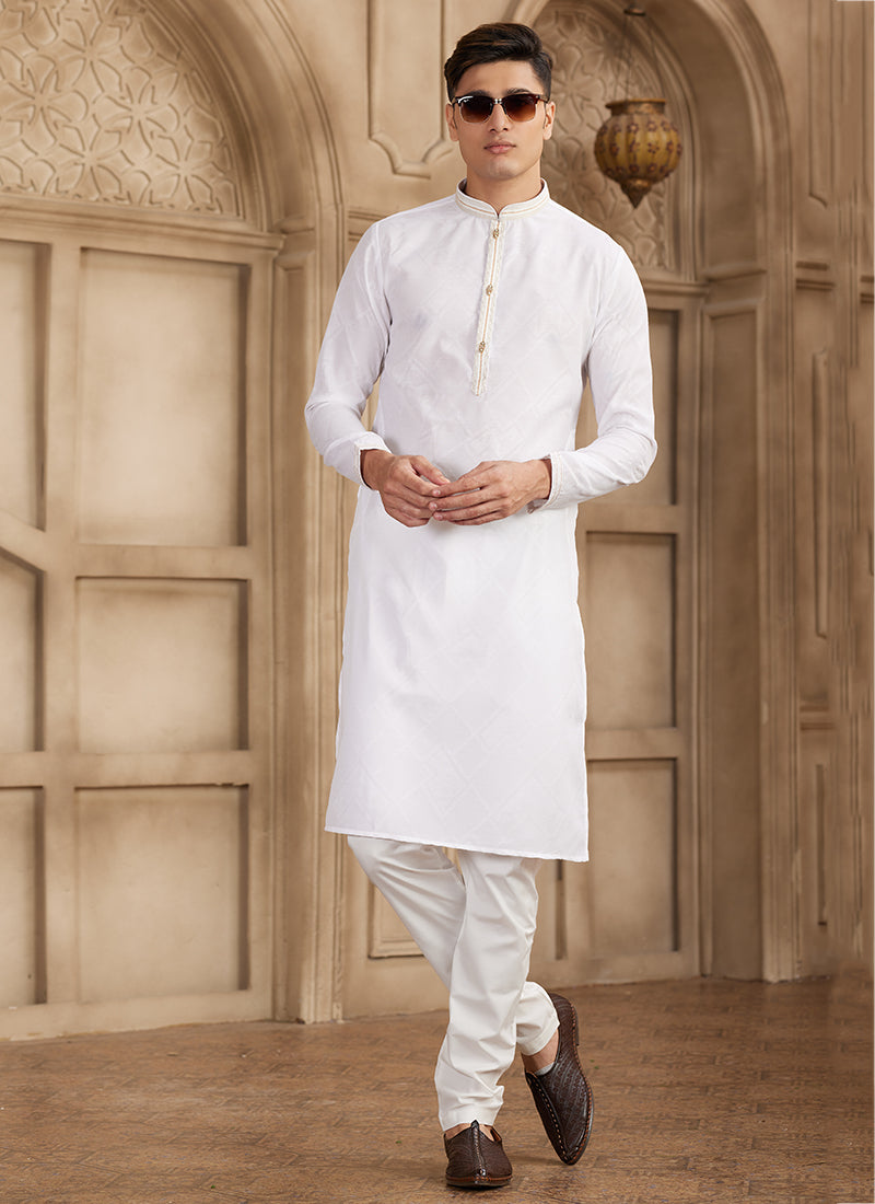 Art Silk White Festival Wear Printed Work Readymade Kurta Pajama