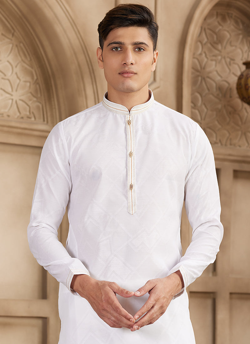 Art Silk White Festival Wear Printed Work Readymade Kurta Pajama