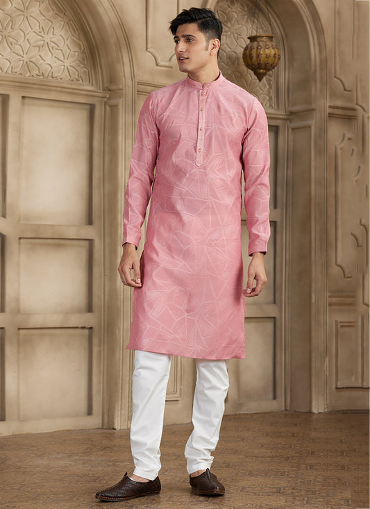 Art Silk Dusty Pink Festival Wear Printed Work Readymade Kurta Pajama