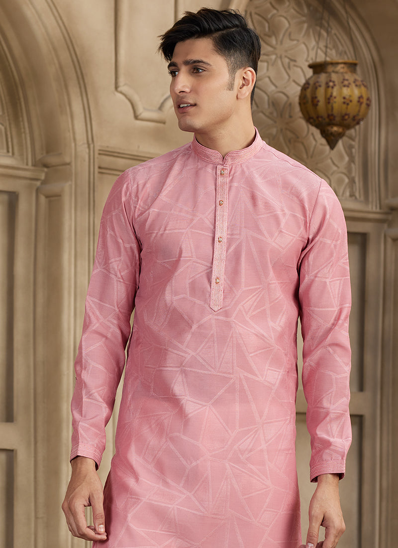 Art Silk Dusty Pink Festival Wear Printed Work Readymade Kurta Pajama