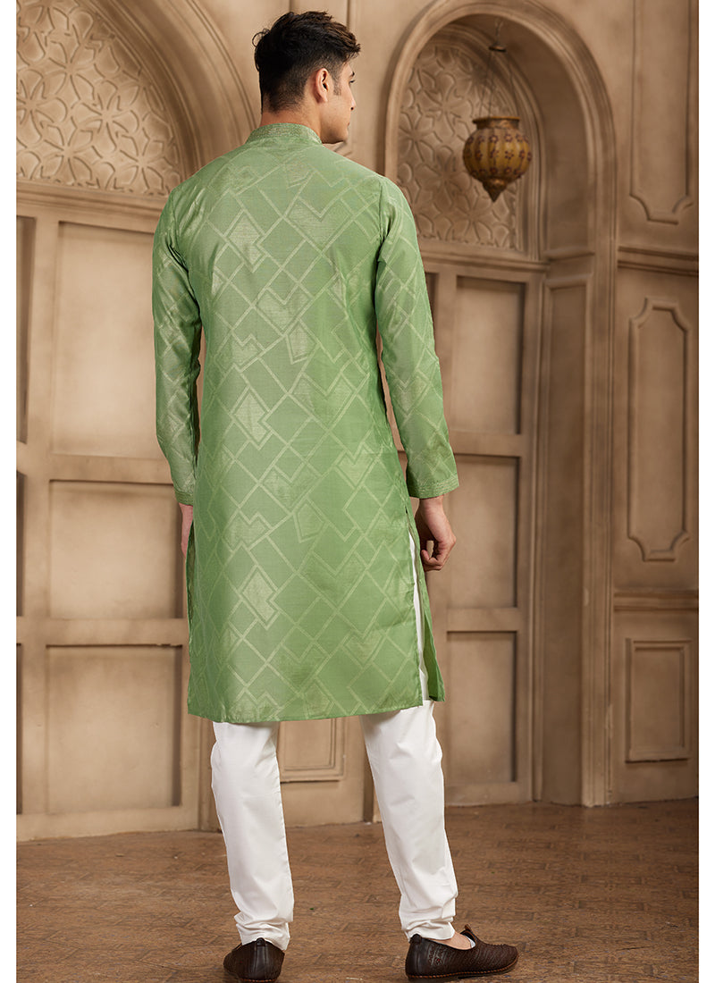 Art Silk Green Festival Wear Printed Work Readymade Kurta Pajama