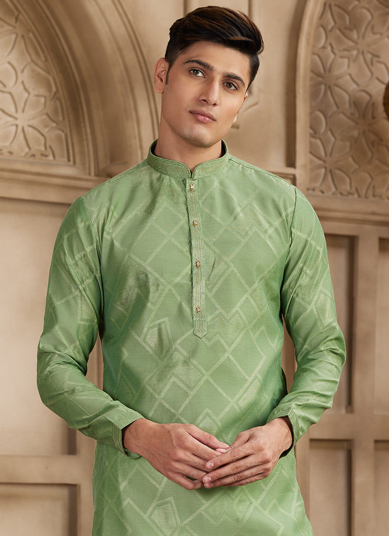 Art Silk Green Festival Wear Printed Work Readymade Kurta Pajama