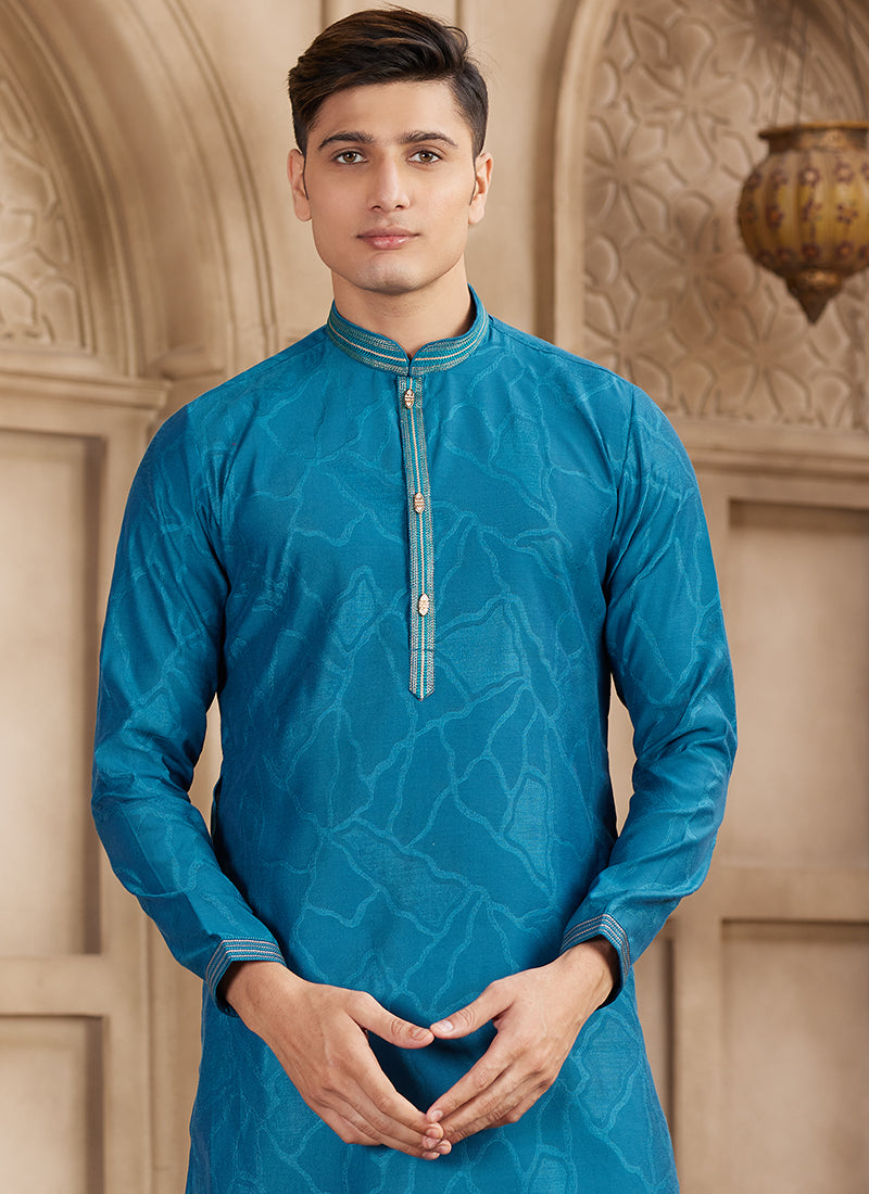 Art Silk Royal Blue Festival Wear Printed Work Readymade Kurta Pajama