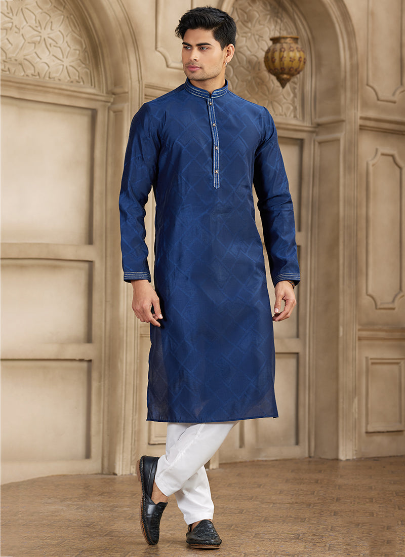 Art Silk Navy Blue Festival Wear Printed Work Readymade Kurta Pajama