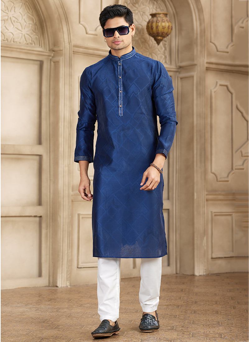 Art Silk Navy Blue Festival Wear Printed Work Readymade Kurta Pajama