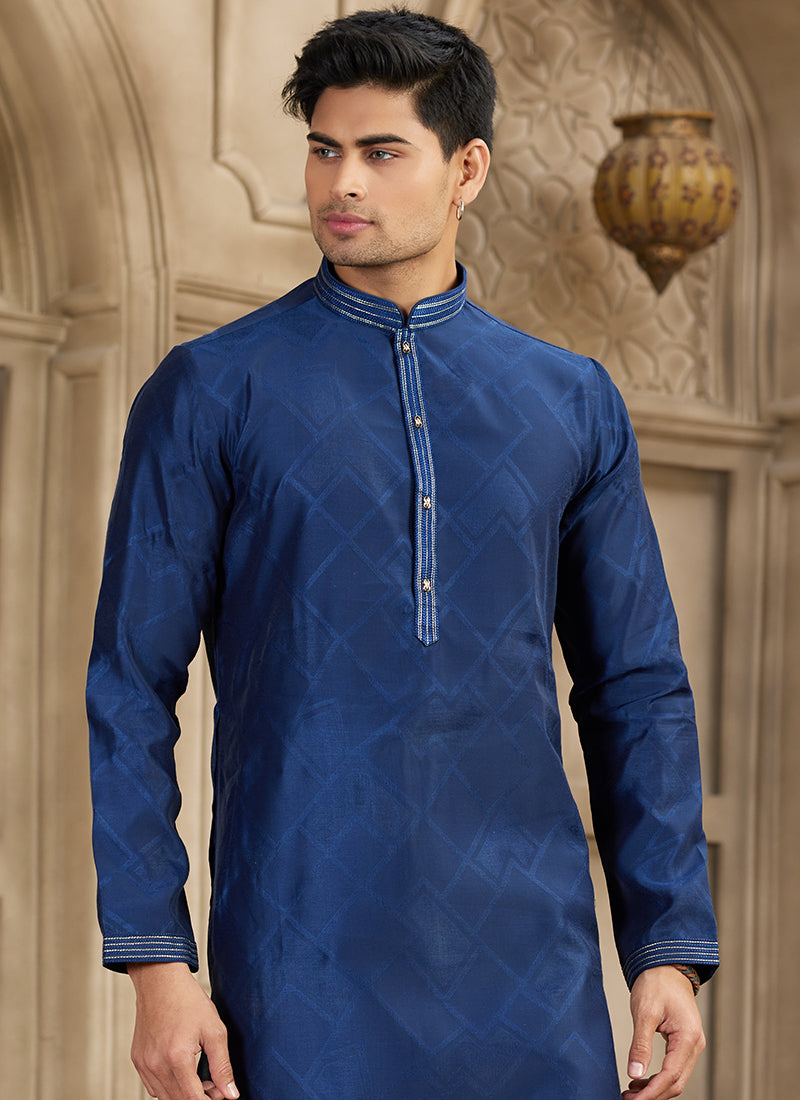 Art Silk Navy Blue Festival Wear Printed Work Readymade Kurta Pajama