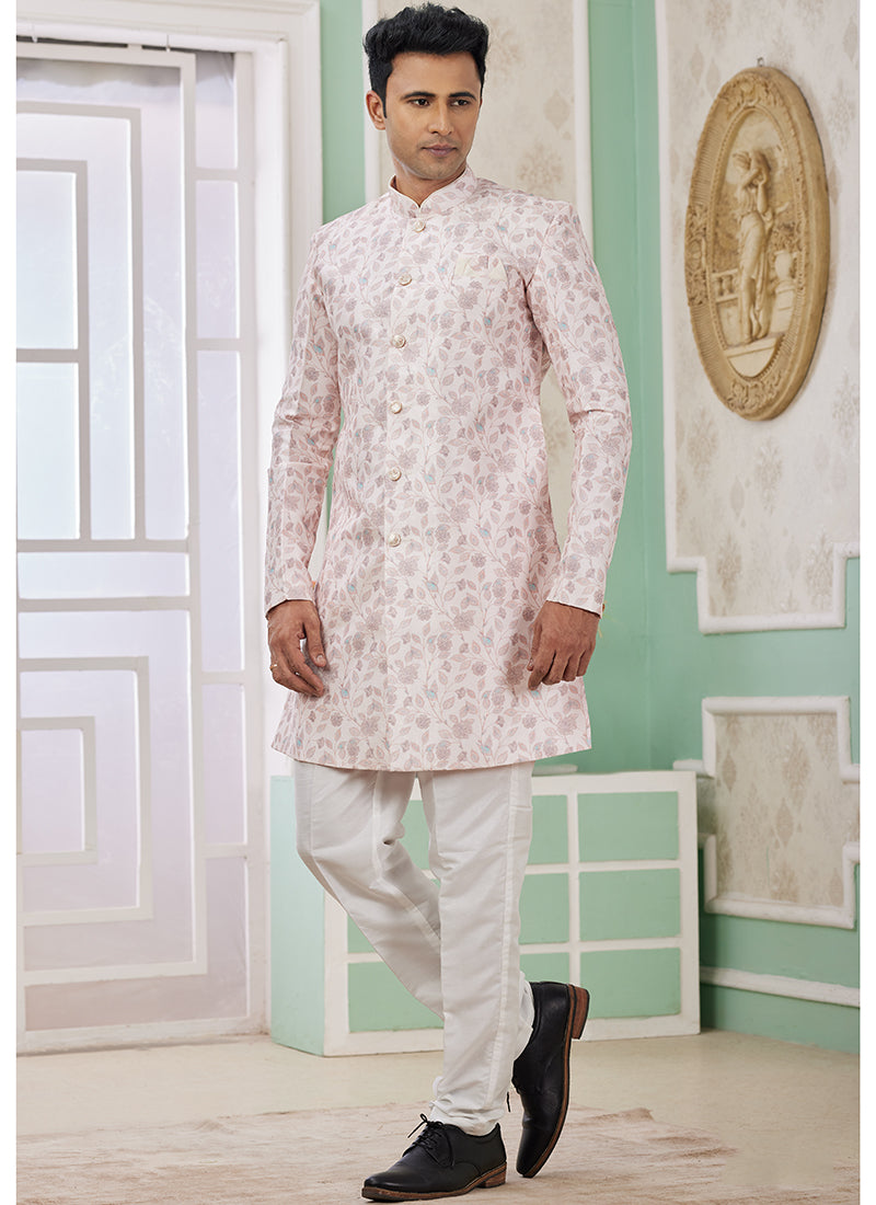 Readymade Banarasi Jacquard Baby Pink Indo Western Sherwani with Embroidery Work for Festival Wear