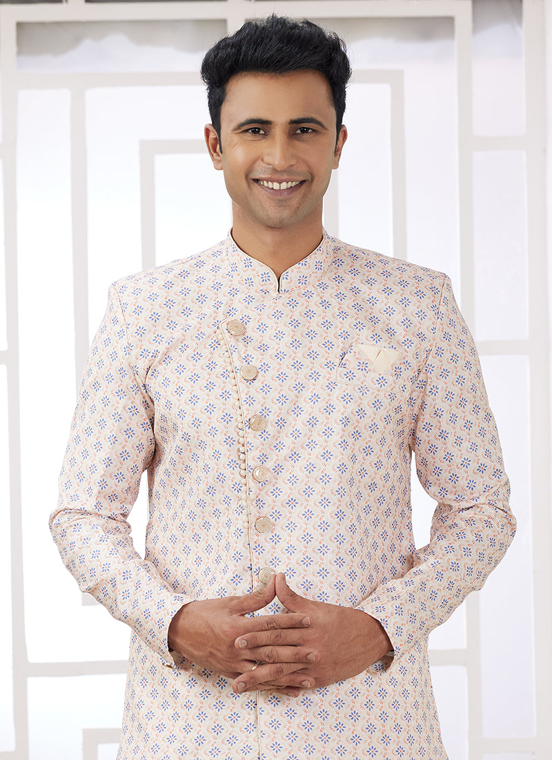 Readymade Banarasi Jacquard Cream Indo Western Sherwani with Embroidery Work for Festival Wear