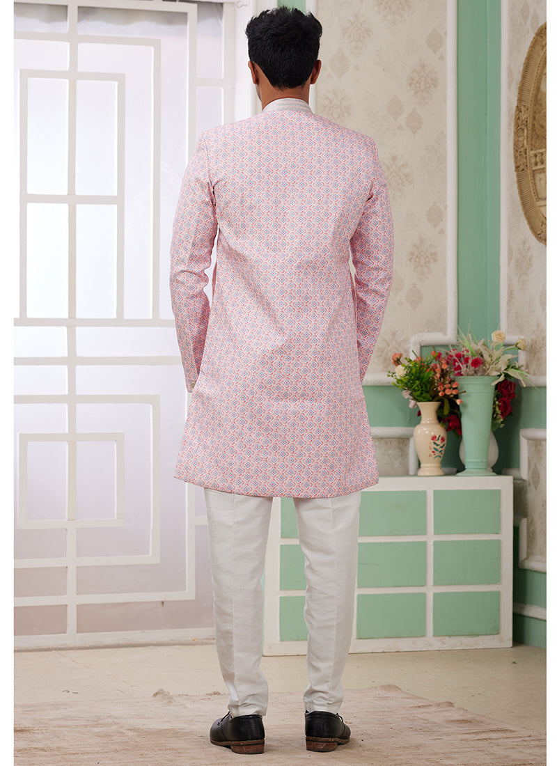 Readymade Banarasi Jacquard Light Pink Indo Western Sherwani with Embroidery Work for Festival Wear