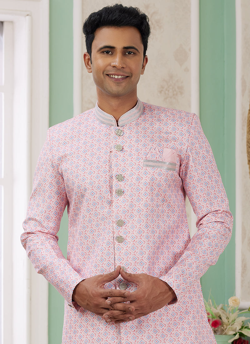 Readymade Banarasi Jacquard Light Pink Indo Western Sherwani with Embroidery Work for Festival Wear