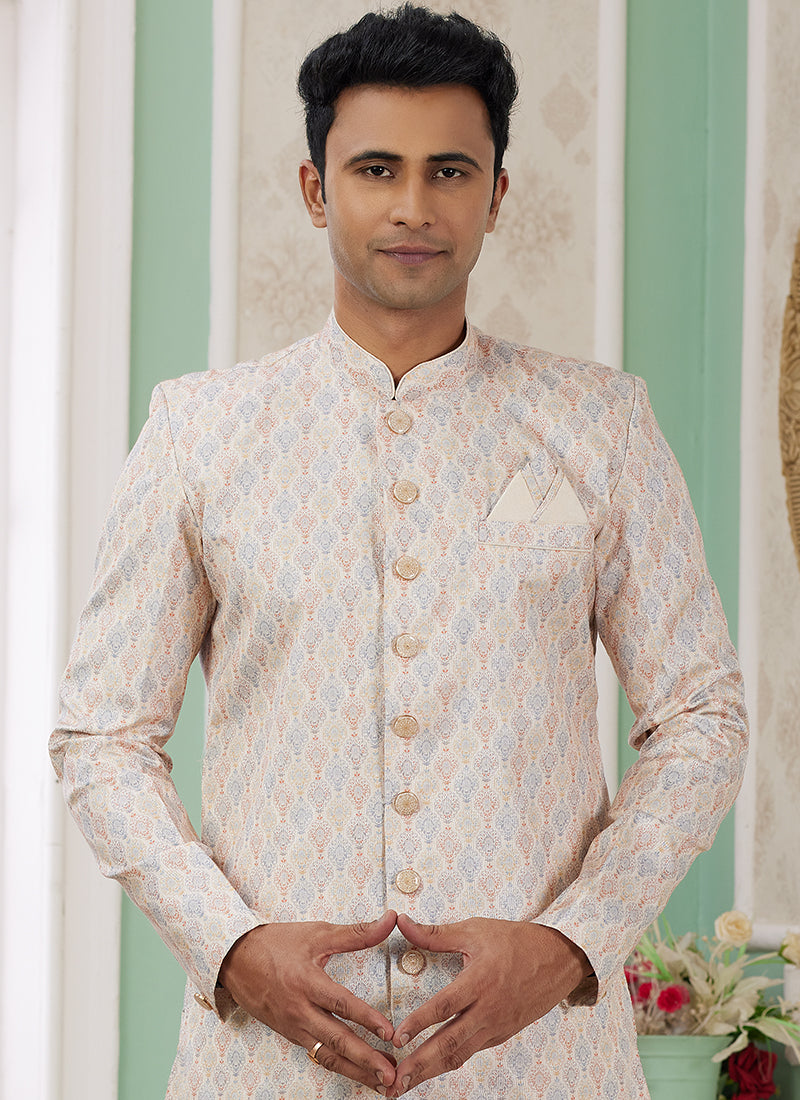 Readymade Banarasi Jacquard Beige Indo Western Sherwani with Pattern PC Work for Festival Wear