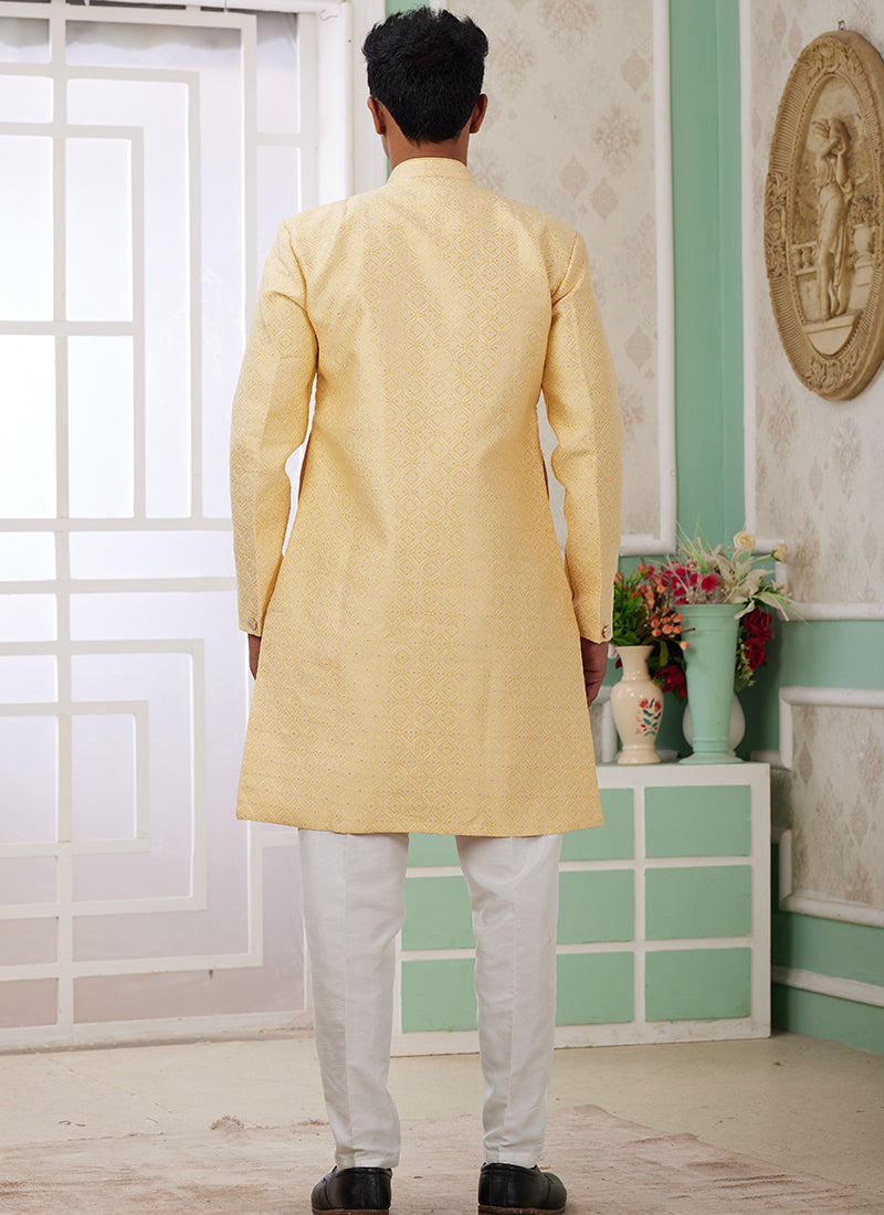 Readymade Banarasi Jacquard Yellow Indo Western Sherwani with Pattern PC Work for Festival Wear