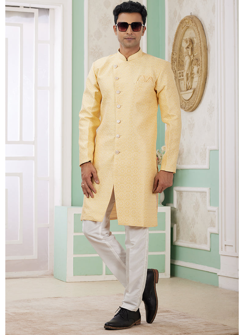 Readymade Banarasi Jacquard Yellow Indo Western Sherwani with Pattern PC Work for Festival Wear