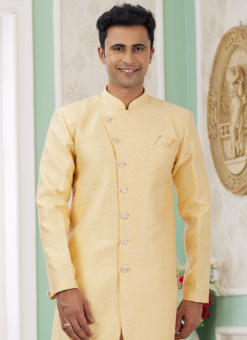 Readymade Banarasi Jacquard Yellow Indo Western Sherwani with Pattern PC Work for Festival Wear