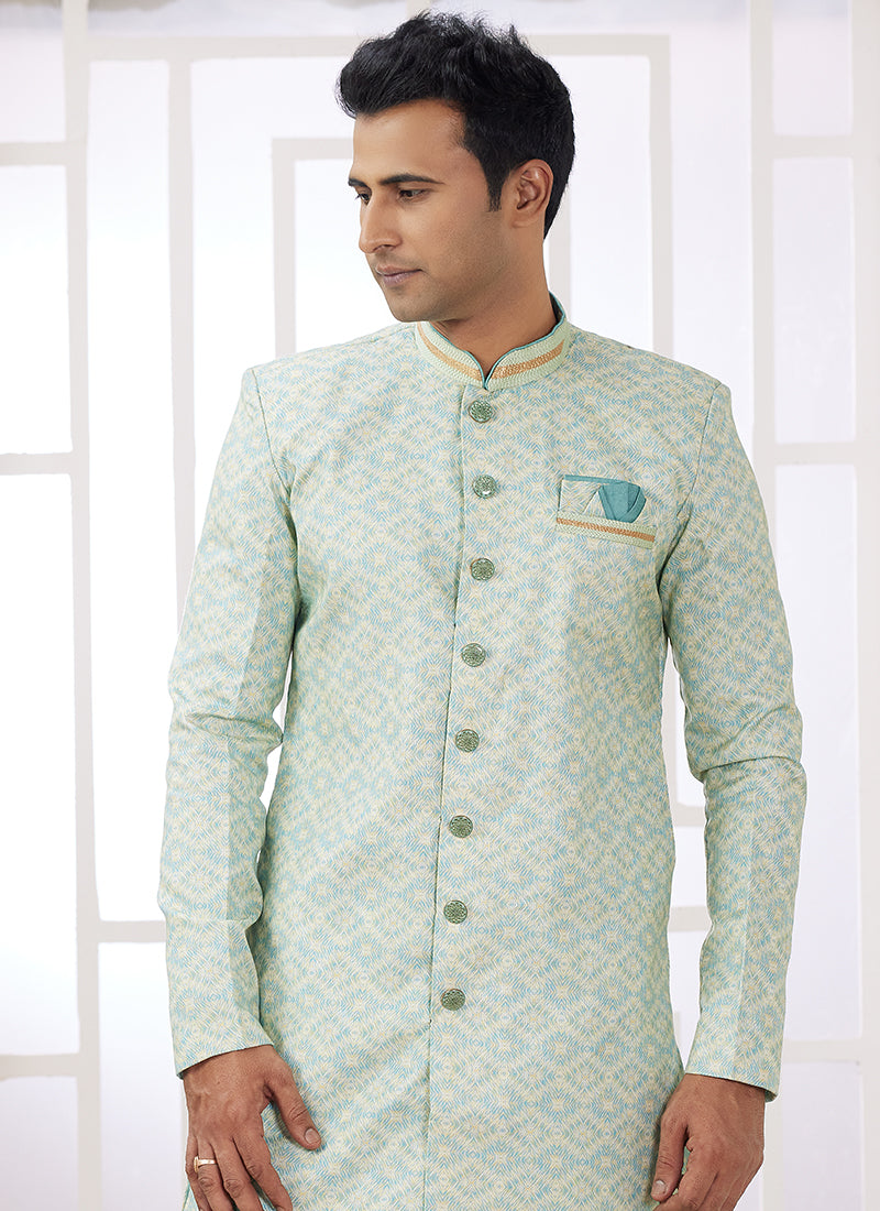 Readymade Banarasi Jacquard Light Green Indo Western Sherwani with Pattern PC Work for Festival Wear