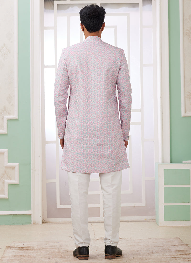 Readymade Banarasi Jacquard Pink Indo Western Sherwani with Pattern PC Work for Festival Wear