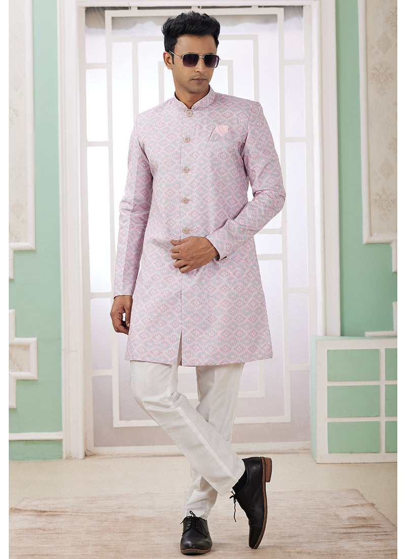 Readymade Banarasi Jacquard Pink Indo Western Sherwani with Pattern PC Work for Festival Wear