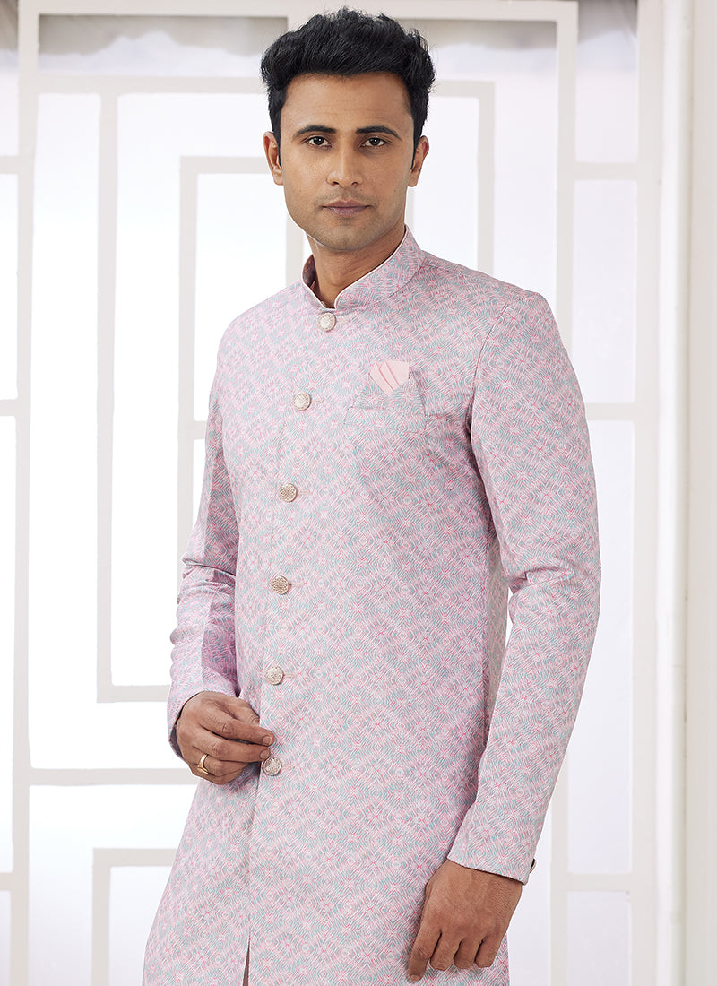 Readymade Banarasi Jacquard Pink Indo Western Sherwani with Pattern PC Work for Festival Wear