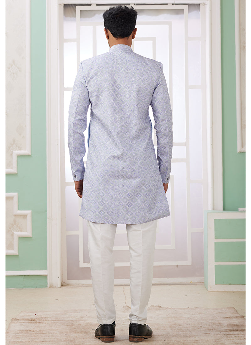 Readymade Banarasi Jacquard Light Blue Indo Western Sherwani with Embroidery Work for Festival Wear