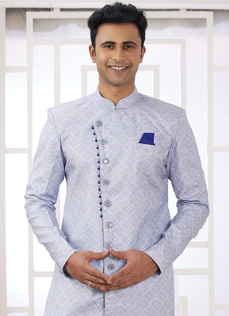 Readymade Banarasi Jacquard Light Blue Indo Western Sherwani with Embroidery Work for Festival Wear