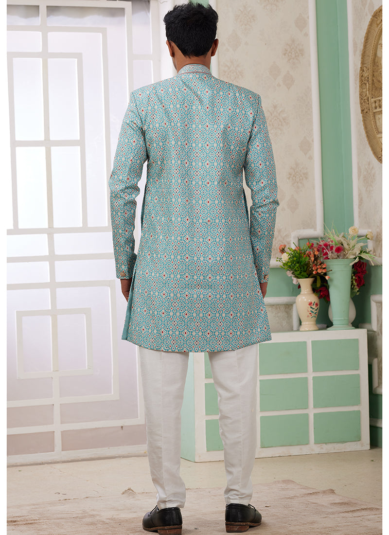 Readymade Banarasi Jacquard Turquoise Blue Indo Western Sherwani with Pattern PC Work for Festival Wear