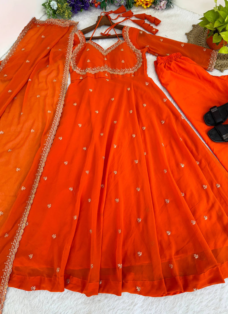 Faux Georgette Orange Festival Wear Embroidery Work Readymade Anarkali Gown 385967