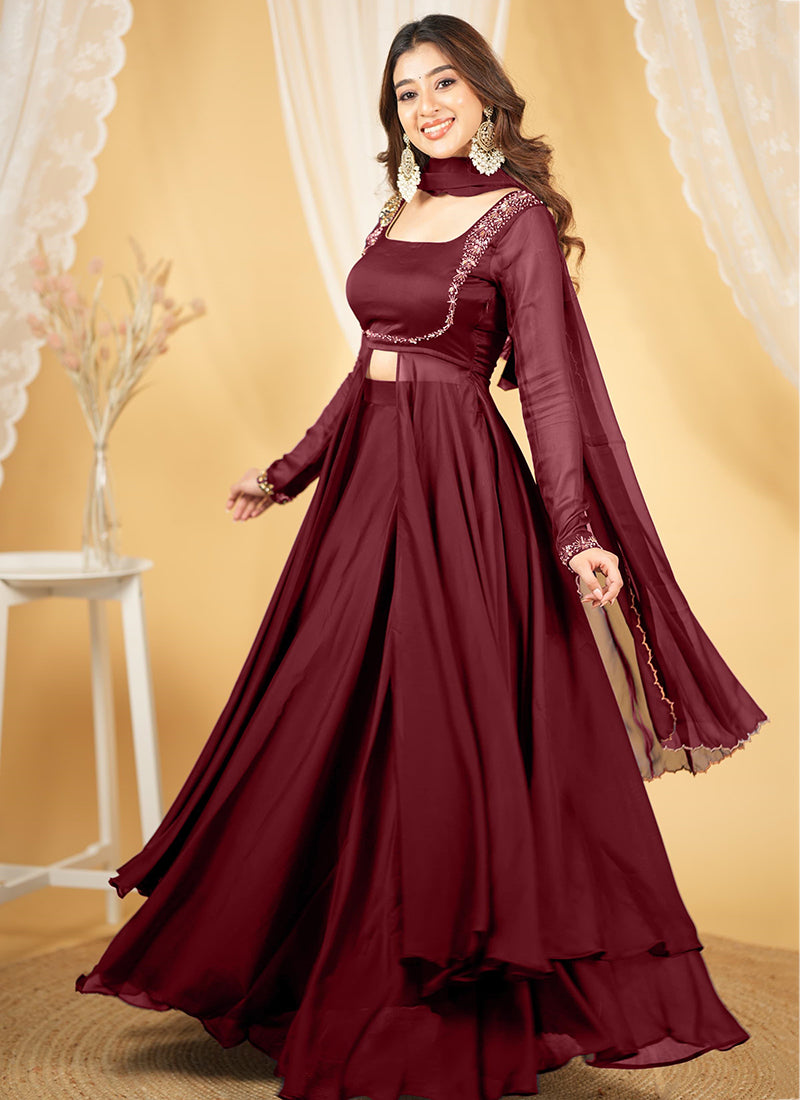 Silk Wine Party Wear Embroidery Work Readymade Western Suit 386901