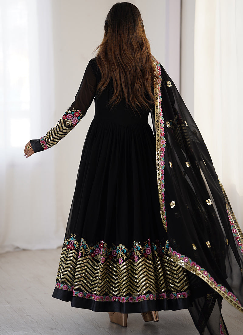 Georgette Black Wedding Wear Embroidery Work Readymade Anarkali Suit 386820