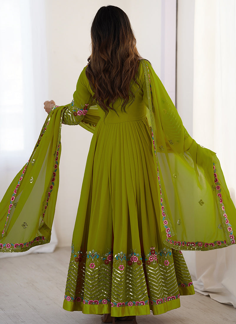 Georgette Green Wedding Wear Embroidery Work Readymade Anarkali Suit 386822