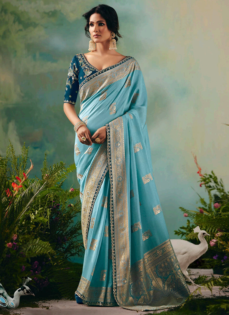 Viscose Silk Sky Blue Festival Wear Embroidery Work Saree 385543