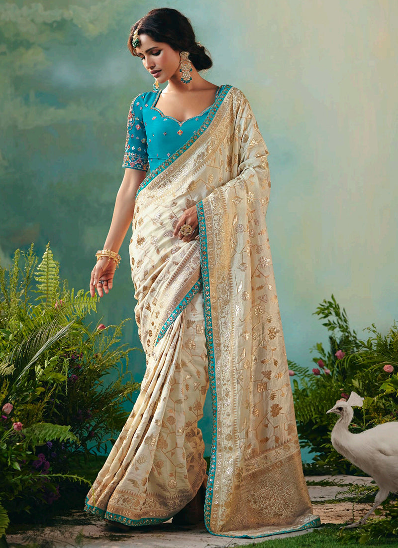 Viscose Silk Cream Festival Wear Embroidery Work Saree 385545