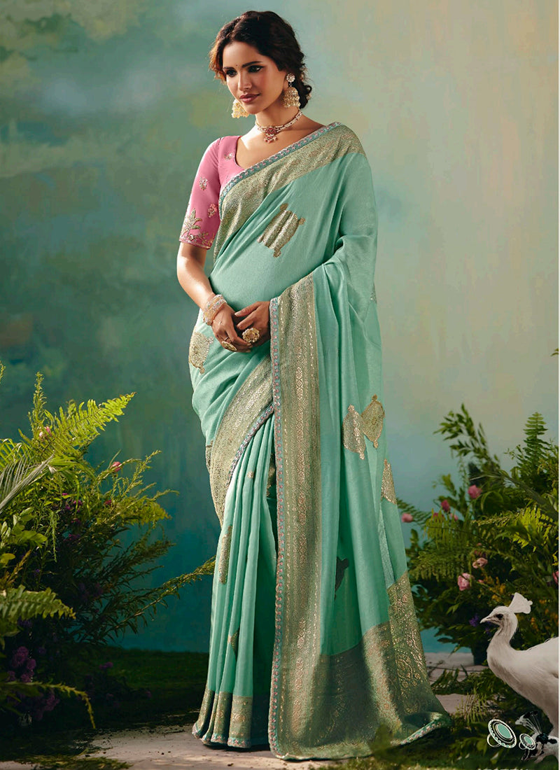 Viscose Silk Green Festival Wear Embroidery Work Saree 385546