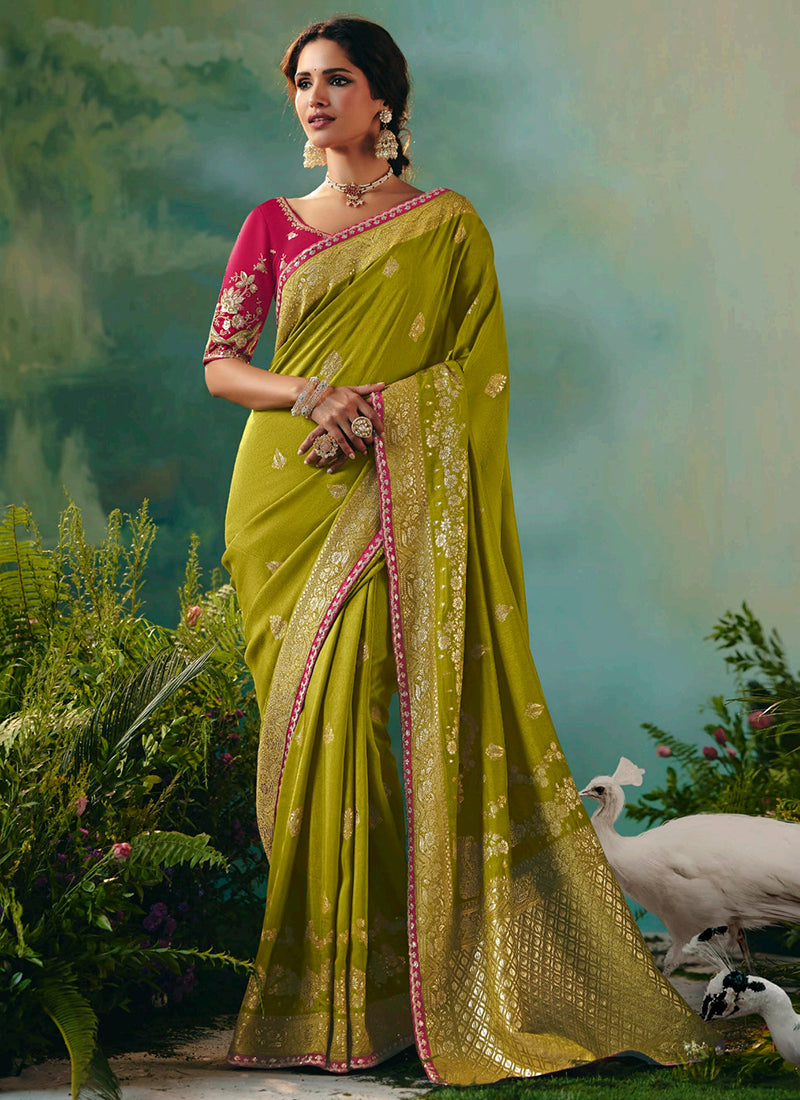 Viscose Silk Lime Green Festival Wear Embroidery Work Saree 385547
