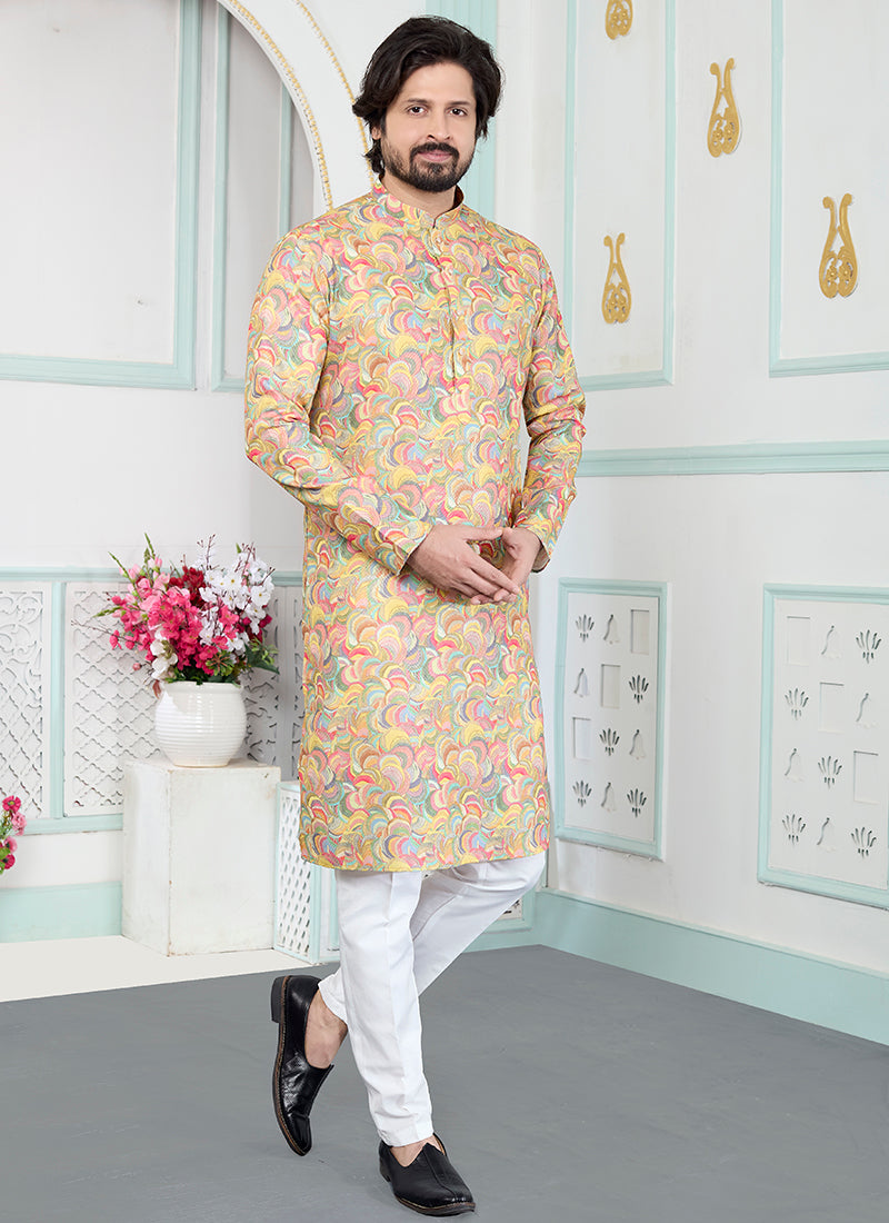 Yellow Art Silk Pattern Pcs Festival Wear Readymade Kurta Pajama SW682887