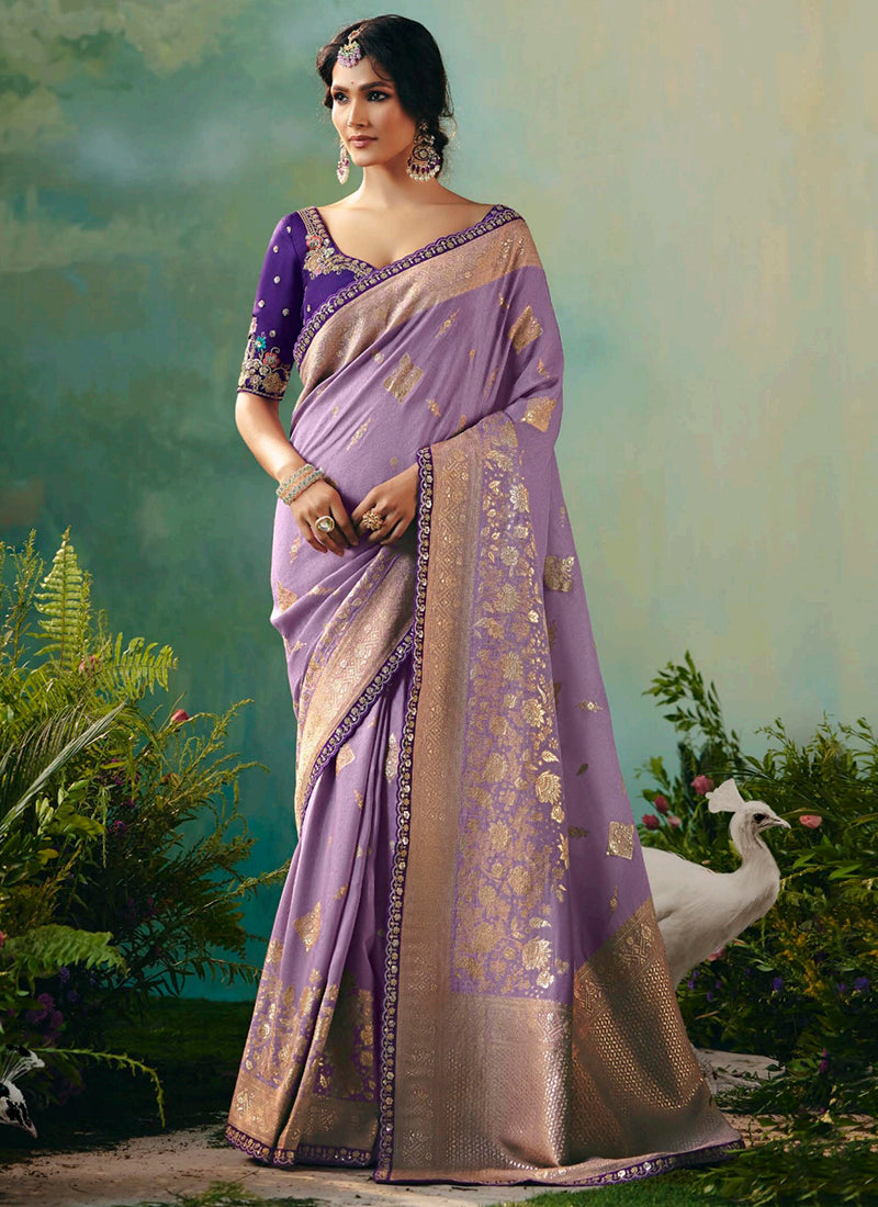 Viscose Silk Lilac Festival Wear Embroidery Work Saree 385550