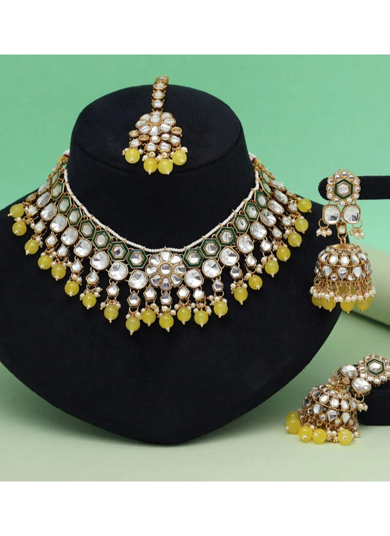 Yellow Festival Wear Kundan Necklace Set 383080