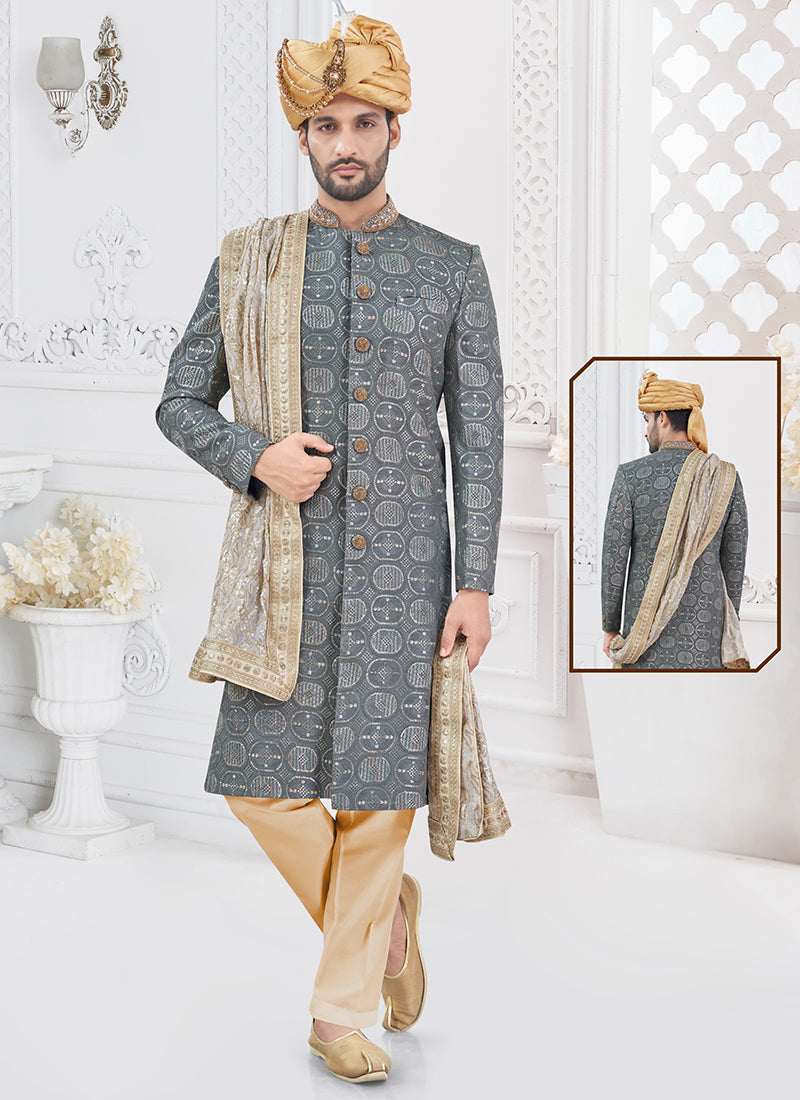 Georgette Grey Groom Wear Hand Work Readymade Sherwani With Turban 370287