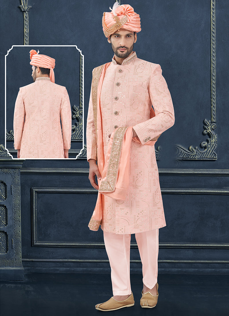 Silk Pink Groom Wear Hand Work Readymade Sherwani With Turban 370288