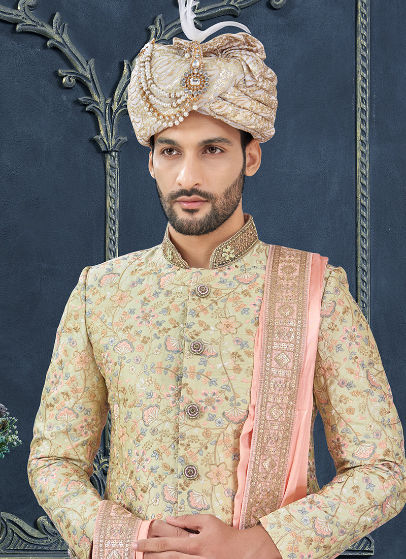 Silk Pista Green Groom Wear Hand Work Readymade Sherwani With Turban 370289