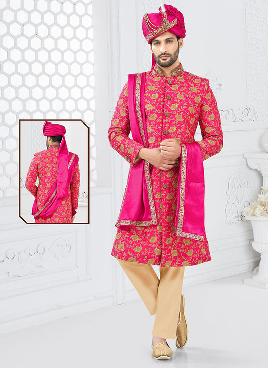 Silk Red Groom Wear Hand Work Readymade Sherwani With Turban 370291