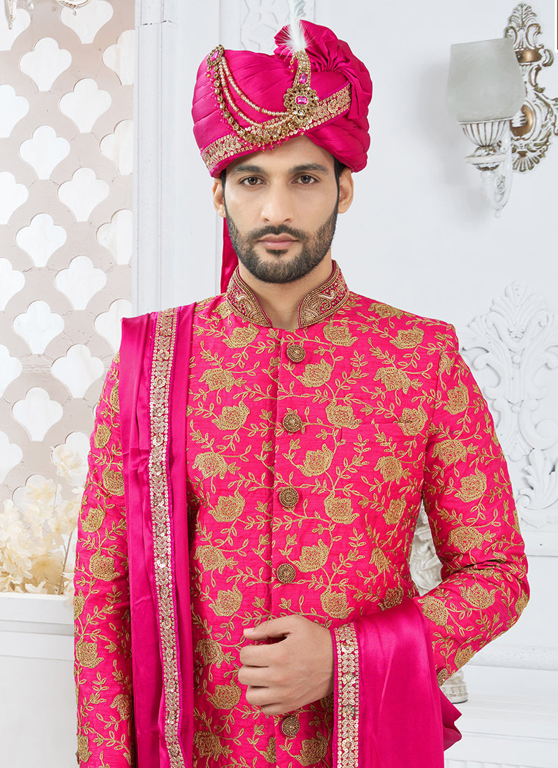 Silk Red Groom Wear Hand Work Readymade Sherwani With Turban 370291