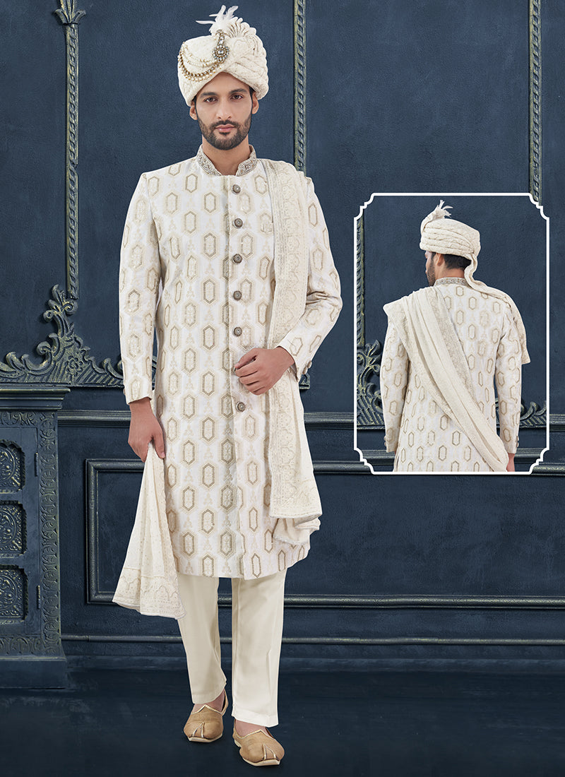 Silk Off White Groom Wear Hand Work Readymade Sherwani With Turban 370294