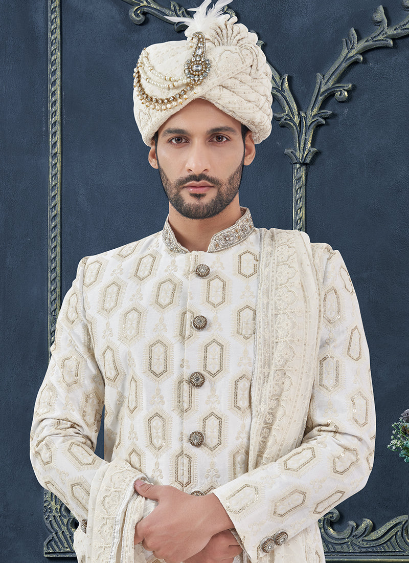 Silk Off White Groom Wear Hand Work Readymade Sherwani With Turban 370294