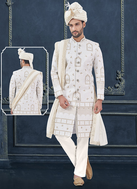 Silk White Groom Wear Hand Work Readymade Sherwani With Turban 370295