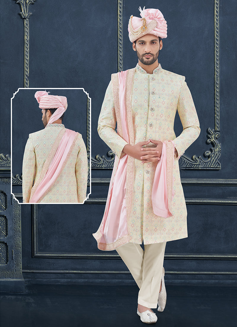 Silk Cream Groom Wear Hand Work Readymade Sherwani With Turban 370298