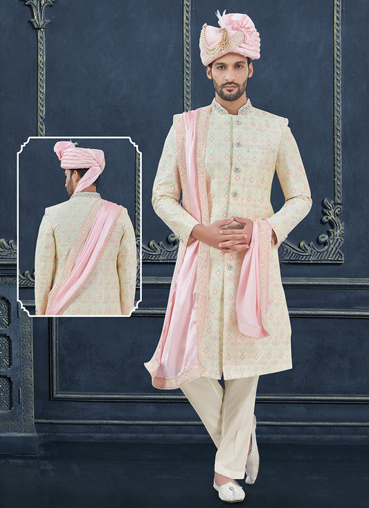 Silk Cream Groom Wear Hand Work Readymade Sherwani With Turban 370298