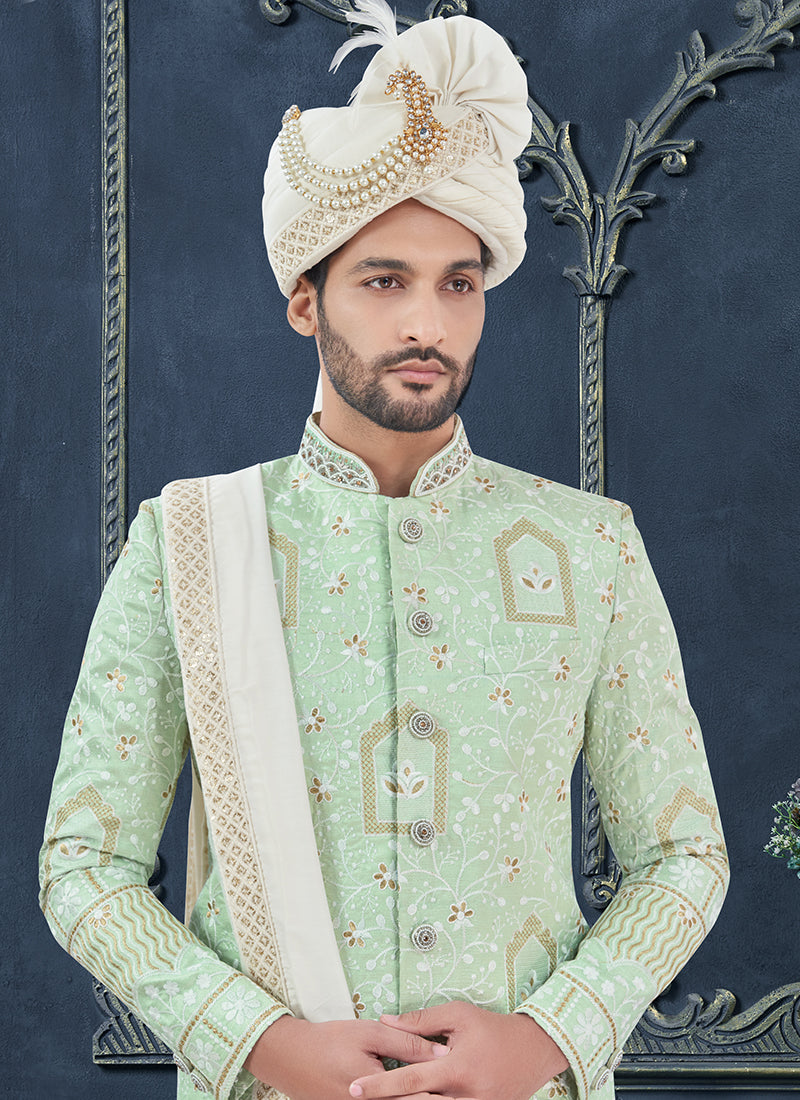 Silk Lime Green Groom Wear Hand Work Readymade Sherwani With Turban 370299