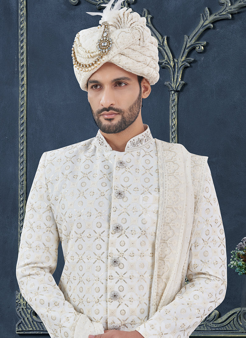 Georgette White Groom Wear Hand Work Readymade Sherwani With Turban 370300