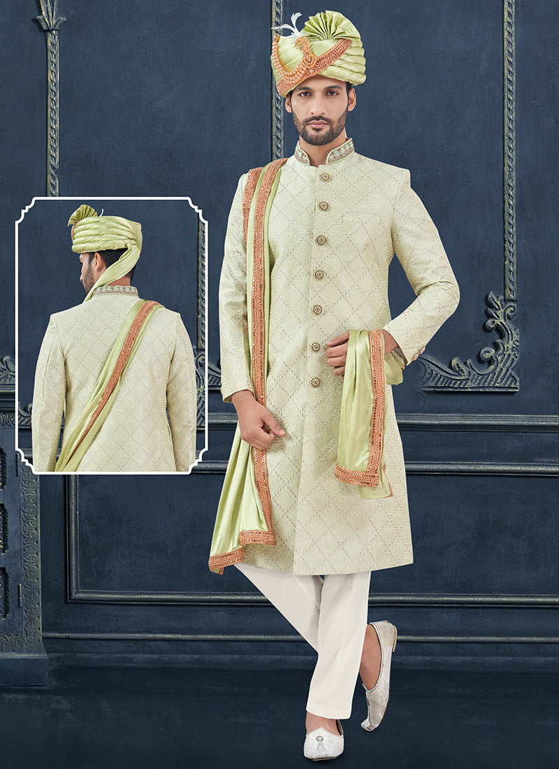 Silk Lime Green Groom Wear Hand Work Readymade Sherwani With Turban 370302